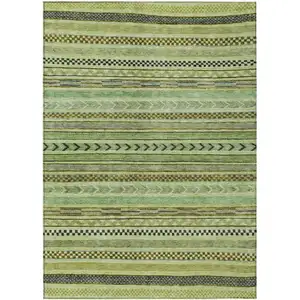 Photo of Artichoke Green And Taupe Striped Washable Indoor Outdoor Area Rug