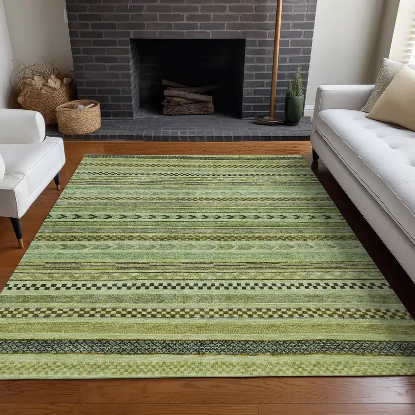 Artichoke Green And Taupe Striped Washable Indoor Outdoor Area Rug Photo 9