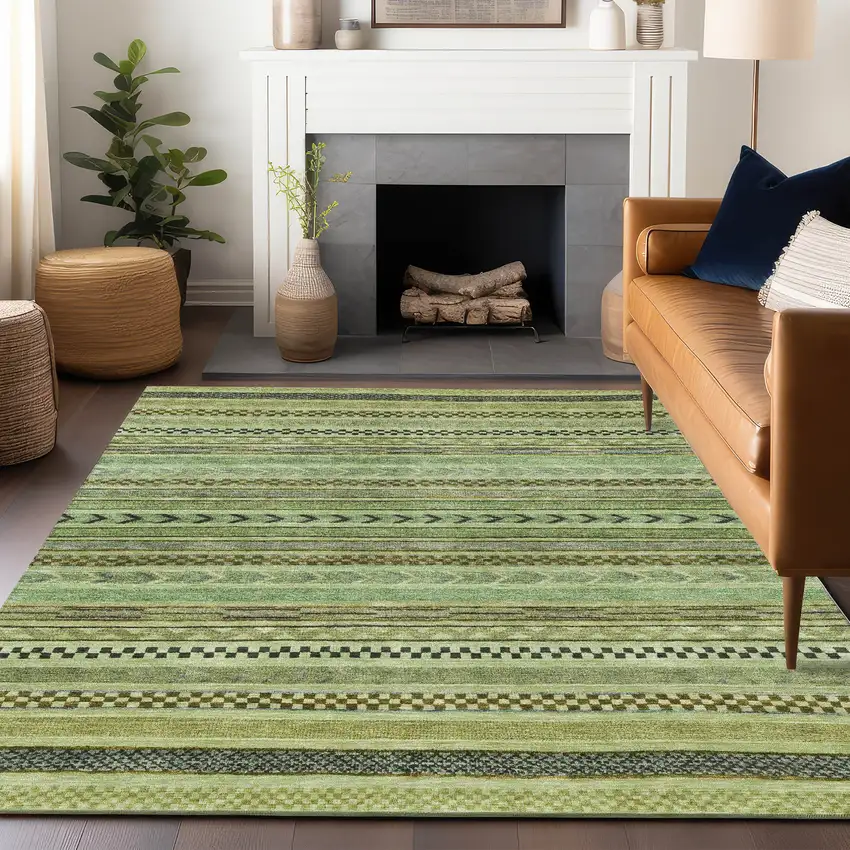 Artichoke Green And Taupe Striped Washable Indoor Outdoor Area Rug Photo 8