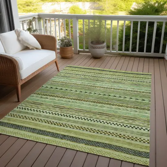 Artichoke Green And Taupe Striped Washable Indoor Outdoor Area Rug Photo 7