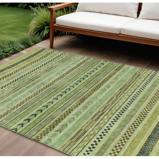 Artichoke Green And Taupe Striped Washable Indoor Outdoor Area Rug Photo 2