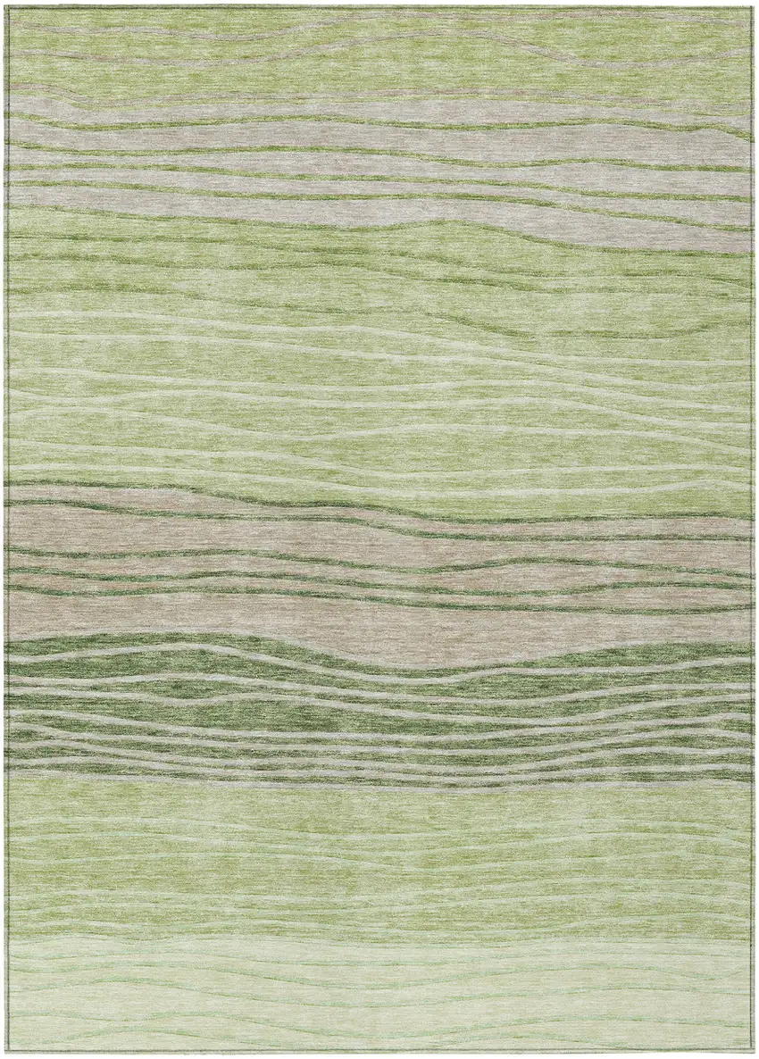 Artichoke Green And Taupe Striped Washable Indoor Outdoor Area Rug Photo 1