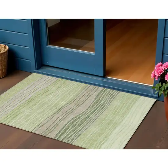 Artichoke Green And Taupe Striped Washable Indoor Outdoor Area Rug Photo 1
