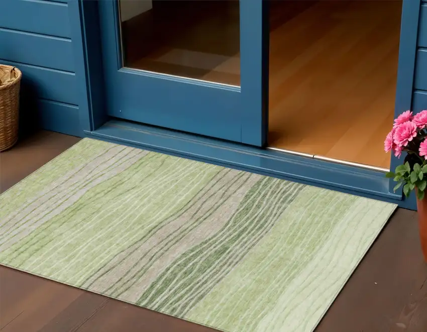 Artichoke Green And Taupe Striped Washable Indoor Outdoor Area Rug Photo 1