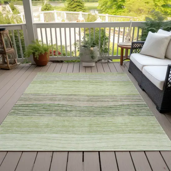Artichoke Green And Taupe Striped Washable Indoor Outdoor Area Rug Photo 6