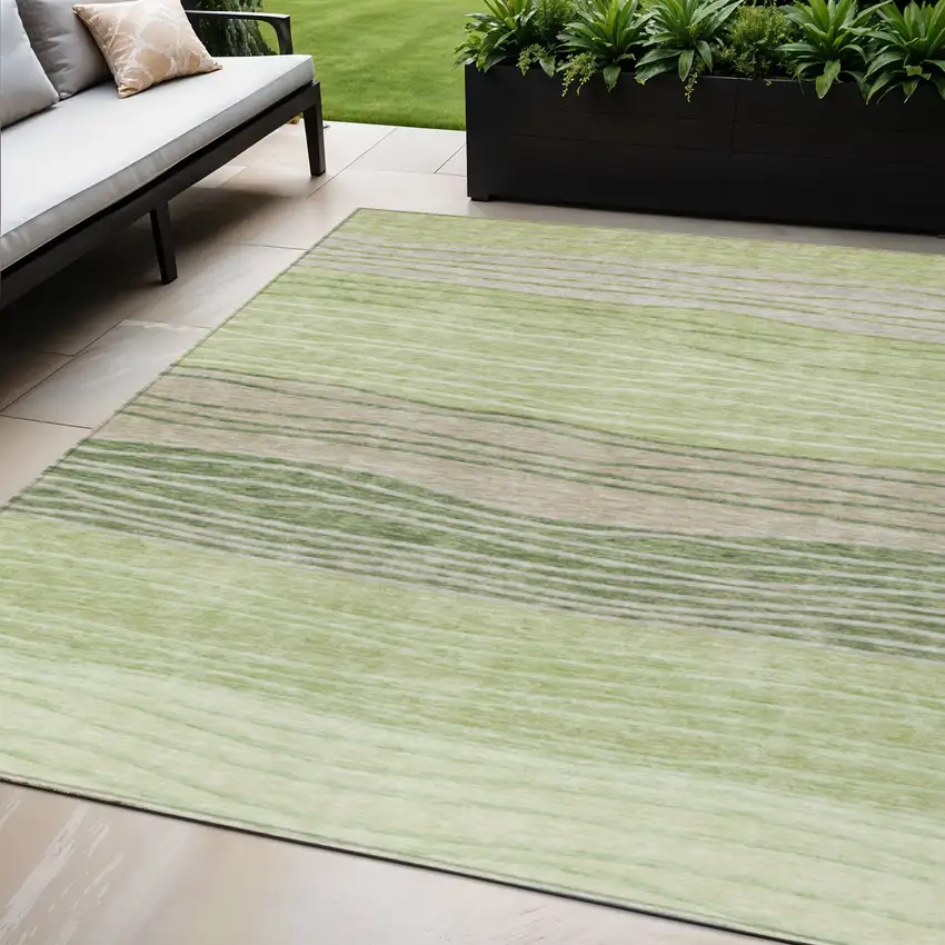 Artichoke Green And Taupe Striped Washable Indoor Outdoor Area Rug Photo 1