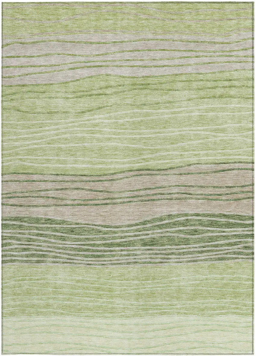 Artichoke Green And Taupe Striped Washable Indoor Outdoor Area Rug Photo 5