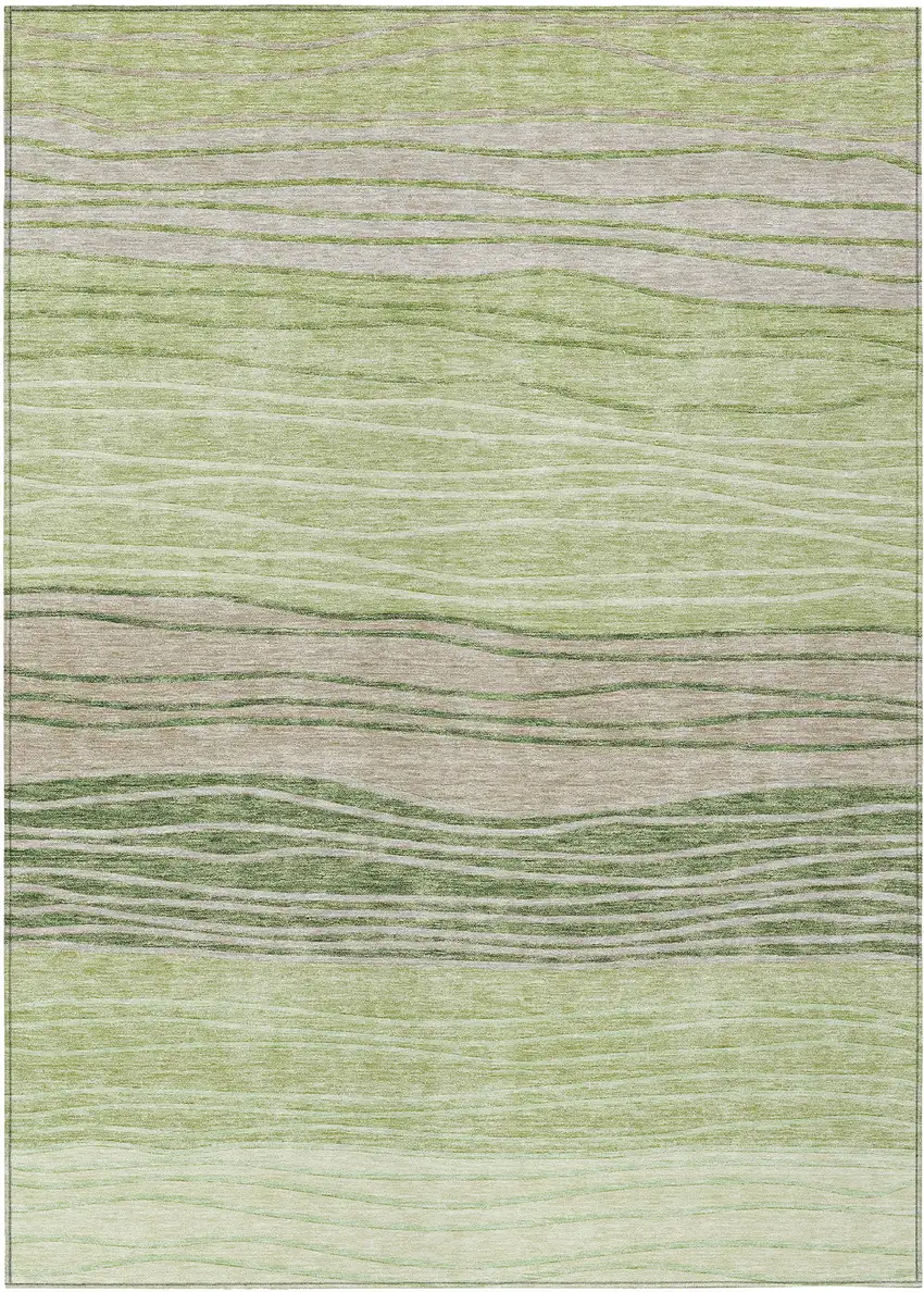 Artichoke Green And Taupe Striped Washable Indoor Outdoor Area Rug Photo 2