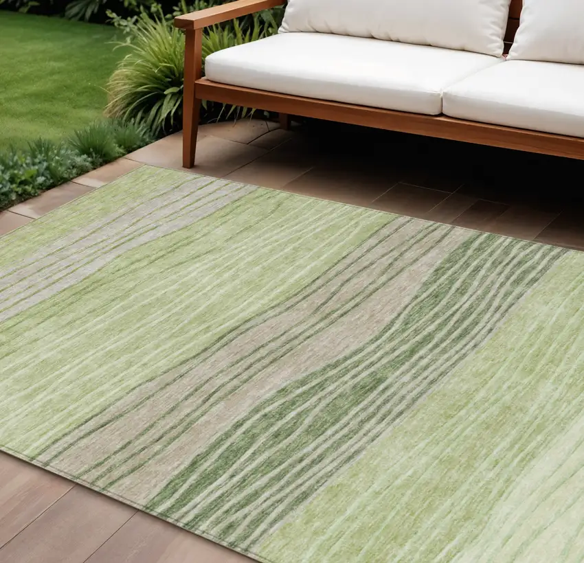 Artichoke Green And Taupe Striped Washable Indoor Outdoor Area Rug Photo 1