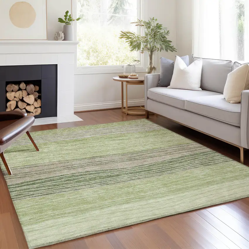 Artichoke Green And Taupe Striped Washable Indoor Outdoor Area Rug Photo 8