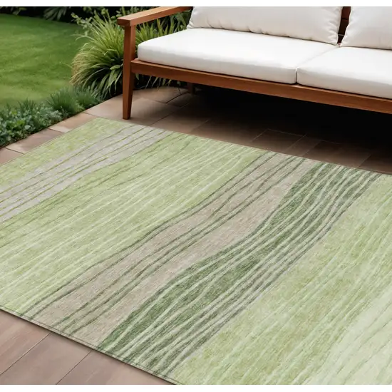 Artichoke Green And Taupe Striped Washable Indoor Outdoor Area Rug Photo 1