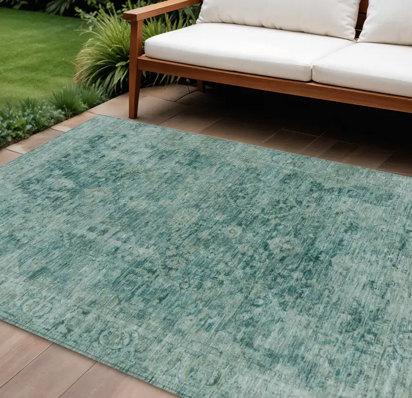 Artichoke Green And Teal Blue Oriental Washable Indoor Outdoor Area Rug Photo 2