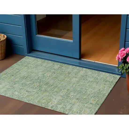 Artichoke Green And Teal Blue Oriental Washable Indoor Outdoor Area Rug Photo 2