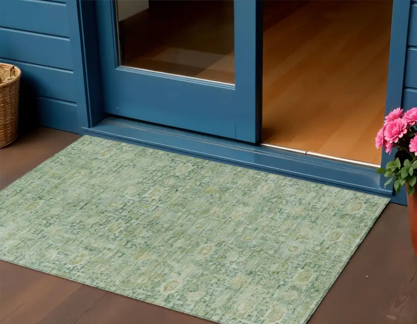 Artichoke Green And Teal Blue Oriental Washable Indoor Outdoor Area Rug Photo 2
