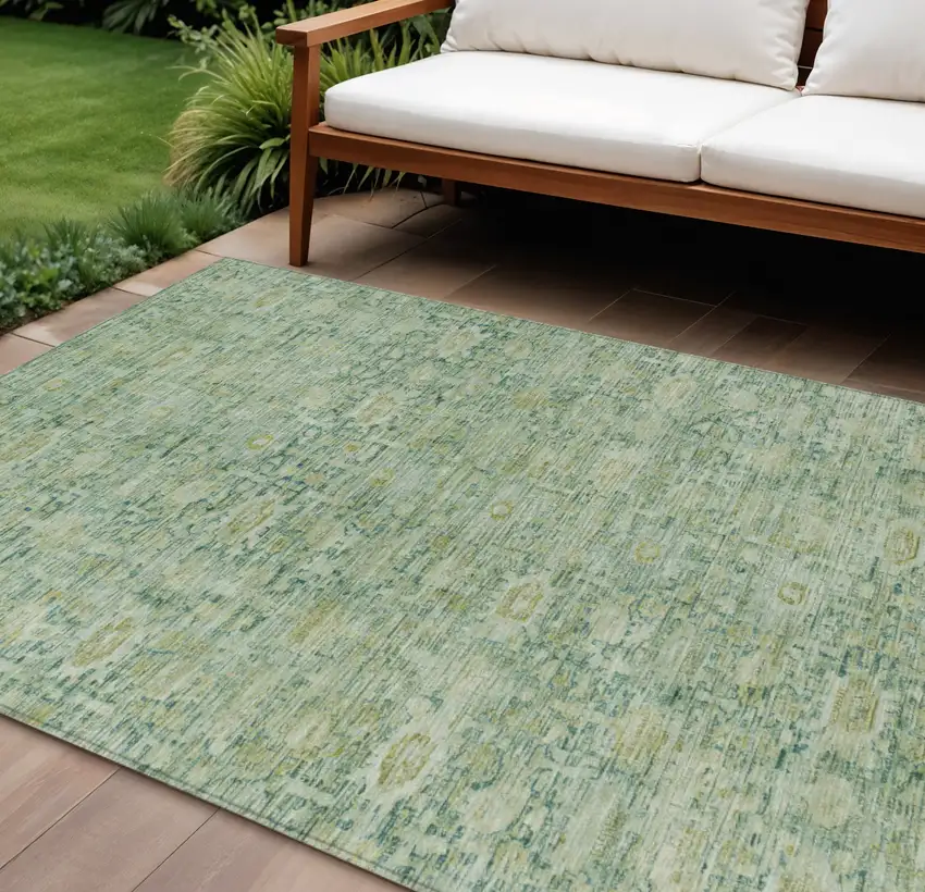 Artichoke Green And Teal Blue Oriental Washable Indoor Outdoor Area Rug Photo 2