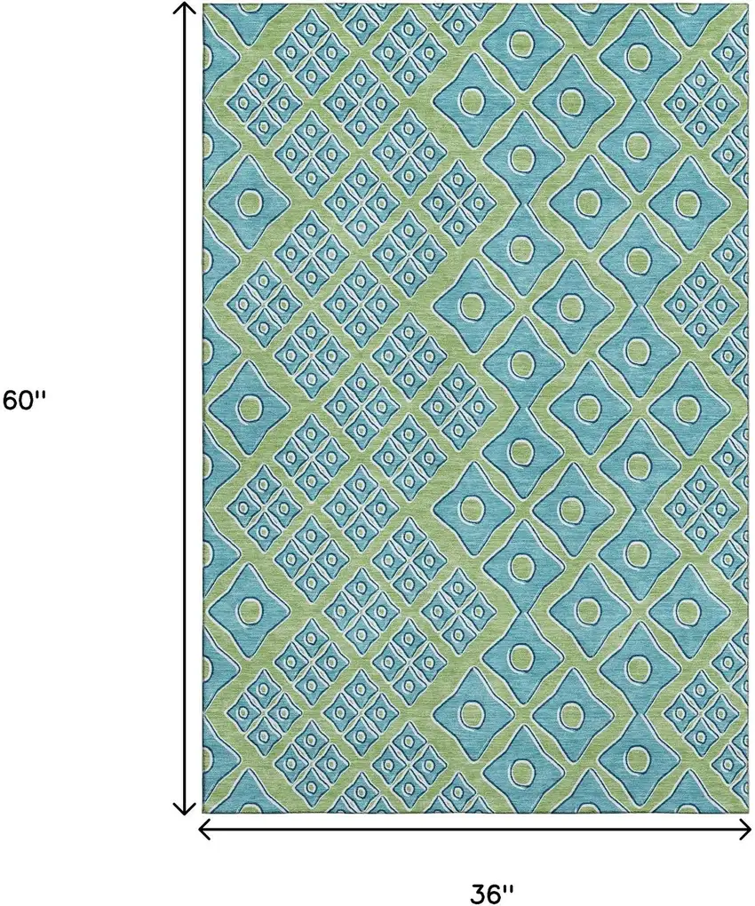 Artichoke Green And Teal Geometric Washable Area Rug With UV Protection Photo 3