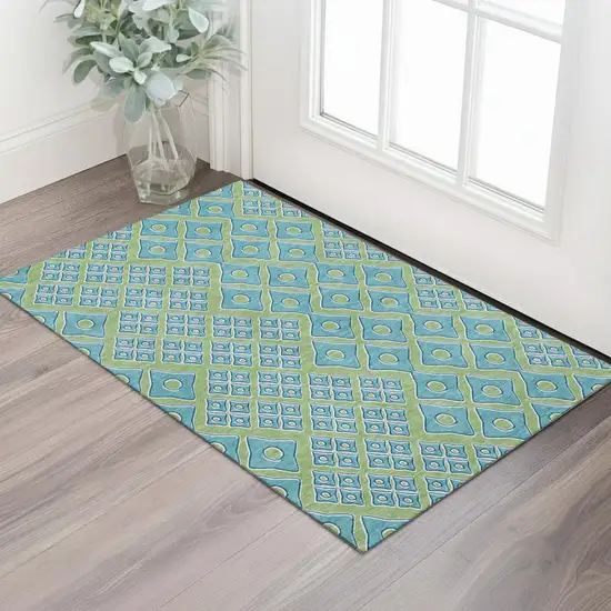 Artichoke Green And Teal Geometric Washable Area Rug With UV Protection Photo 1