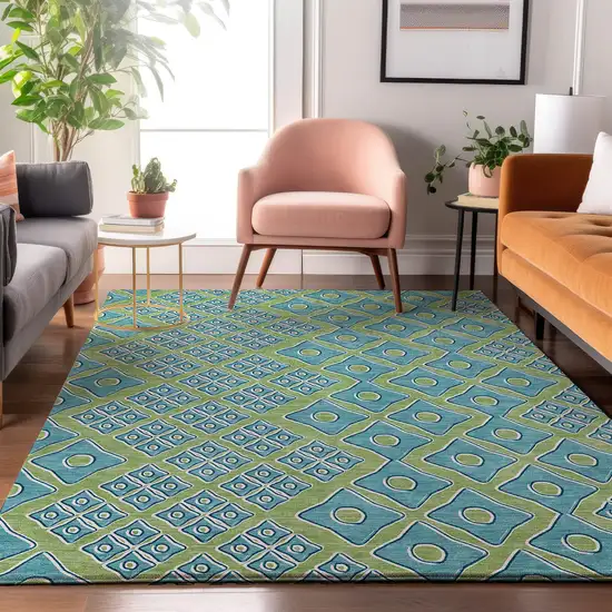 Artichoke Green And Teal Geometric Washable Area Rug With UV Protection Photo 6