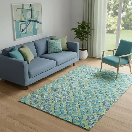 Artichoke Green And Teal Geometric Washable Area Rug With UV Protection Photo 1