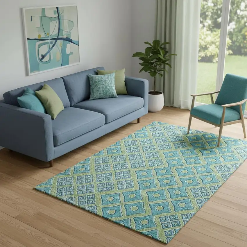 Artichoke Green And Teal Geometric Washable Area Rug With UV Protection Photo 1