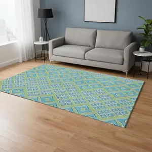 Photo of Artichoke Green And Teal Geometric Washable Area Rug With UV Protection