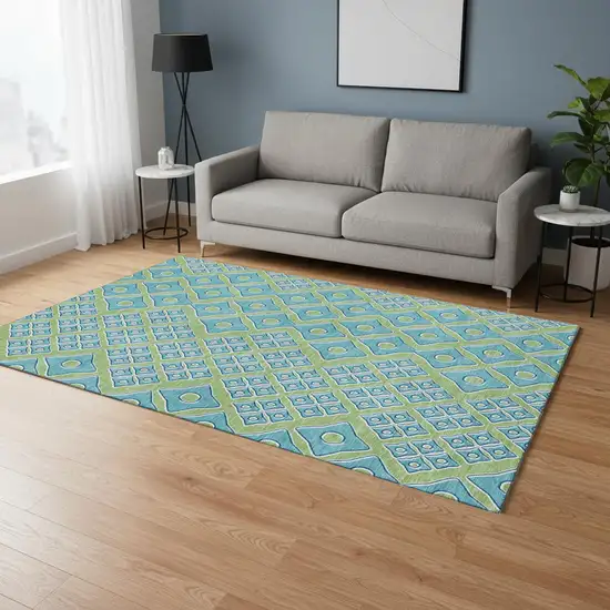 Artichoke Green And Teal Geometric Washable Area Rug With UV Protection Photo 1
