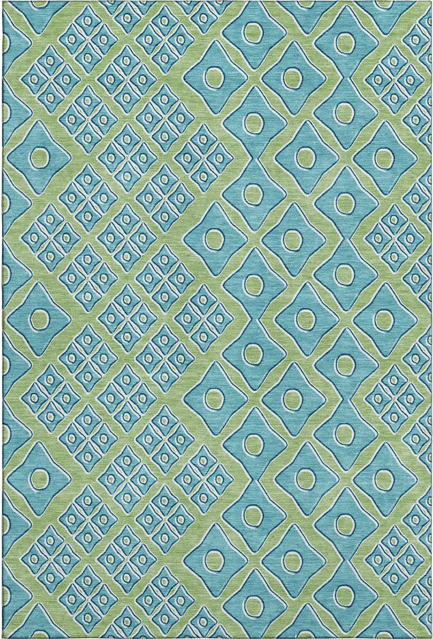 Artichoke Green And Teal Geometric Washable Area Rug With UV Protection Photo 2