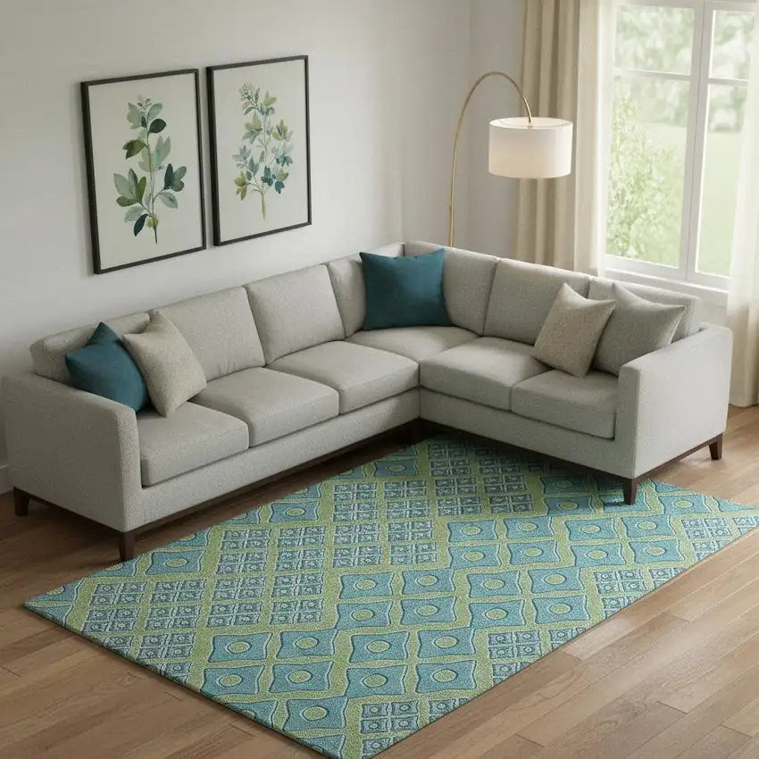 Artichoke Green And Teal Geometric Washable Area Rug With UV Protection Photo 1