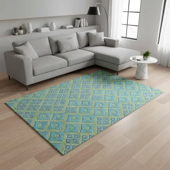 Artichoke Green And Teal Geometric Washable Area Rug With UV Protection Photo 1