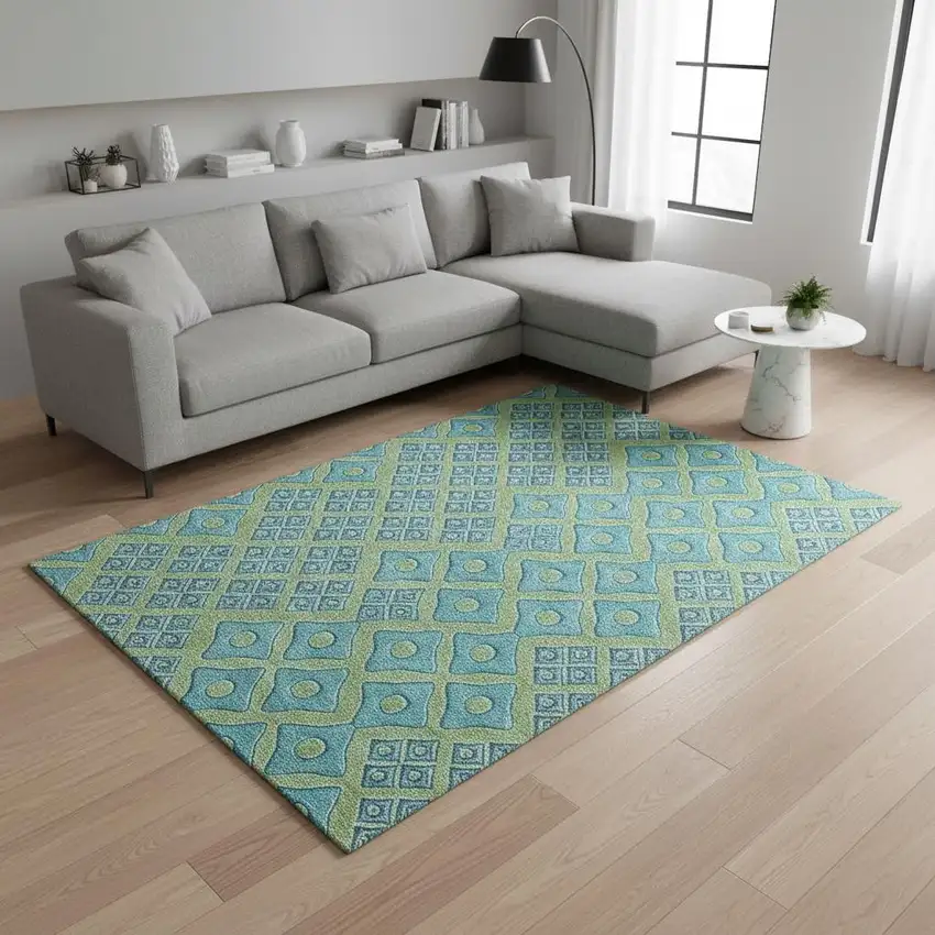 Artichoke Green And Teal Geometric Washable Area Rug With UV Protection Photo 1