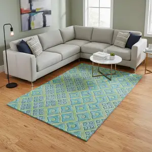 Photo of Artichoke Green And Teal Geometric Washable Area Rug With UV Protection