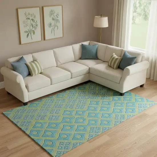 Artichoke Green And Teal Geometric Washable Area Rug With UV Protection Photo 1