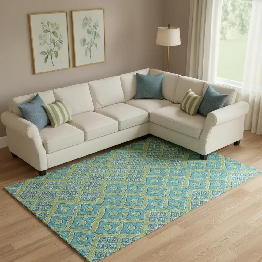 Artichoke Green And Teal Geometric Washable Area Rug With UV Protection Photo 1