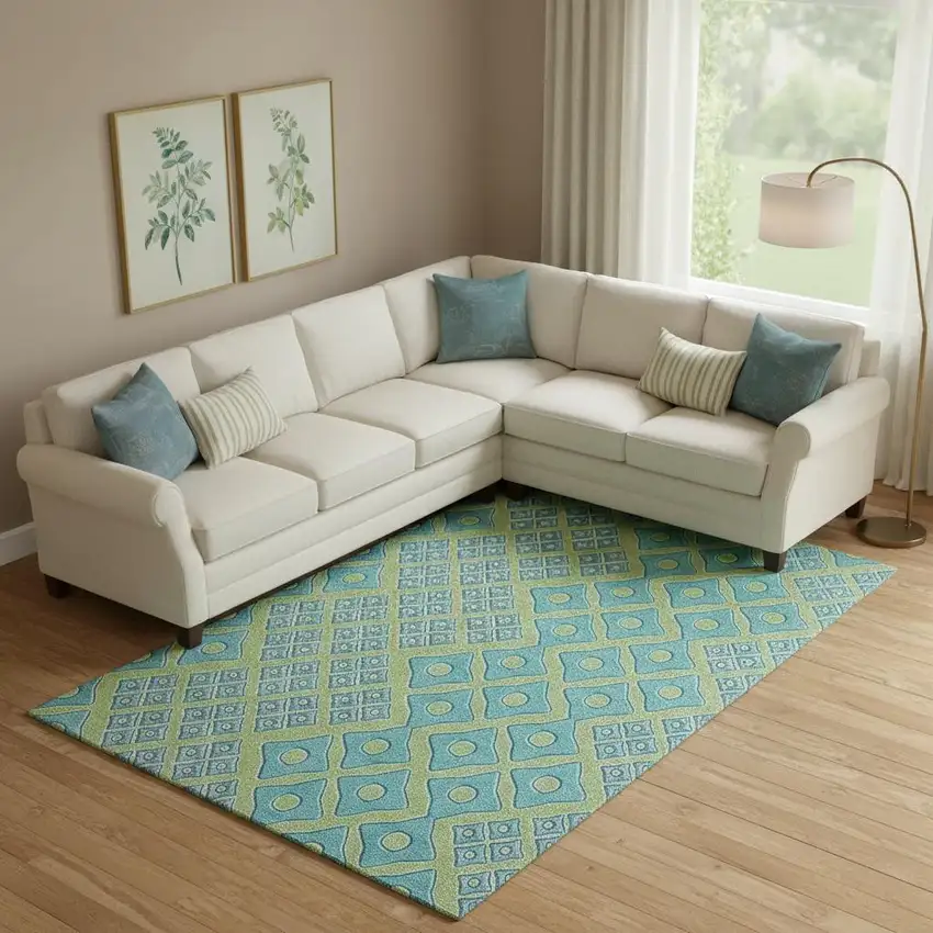 Artichoke Green And Teal Geometric Washable Area Rug With UV Protection Photo 1