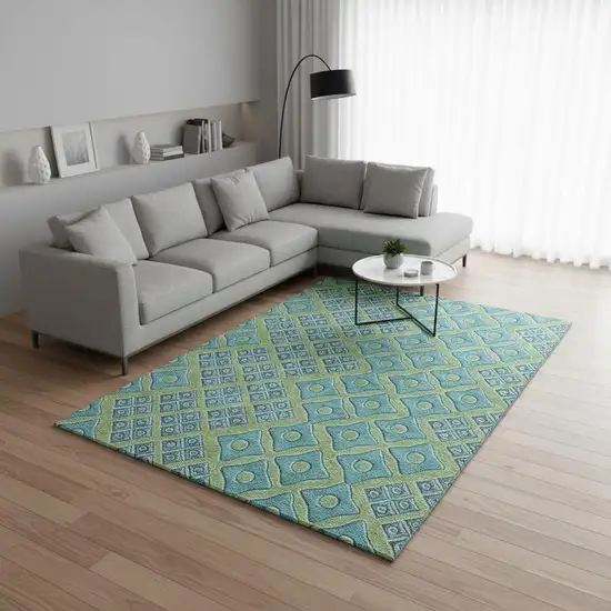 Artichoke Green And Teal Geometric Washable Area Rug With UV Protection Photo 1