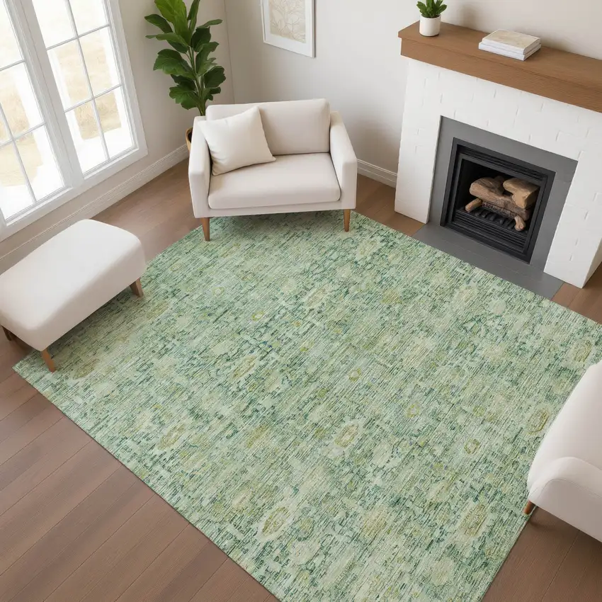 Artichoke Green And Teal Oriental Washable Area Rug With UV Protection Photo 4