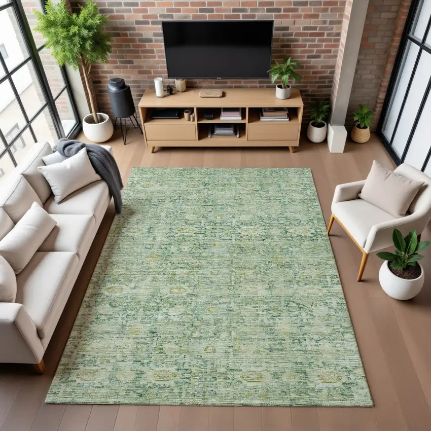 Artichoke Green And Teal Oriental Washable Area Rug With UV Protection Photo 6