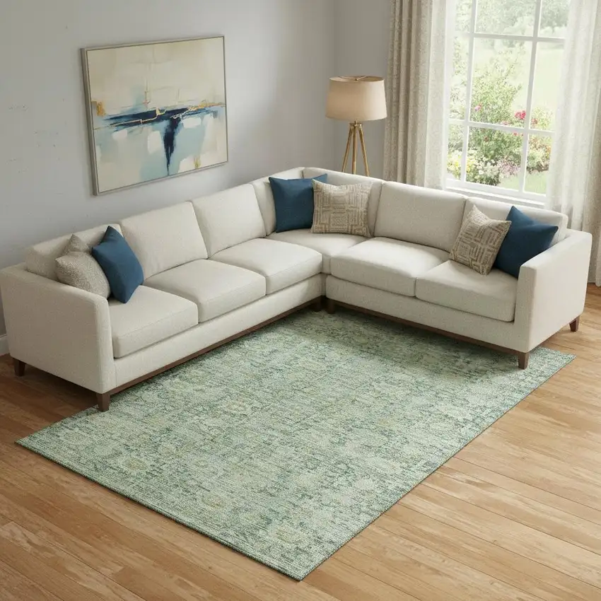 Artichoke Green And Teal Oriental Washable Area Rug With UV Protection Photo 2