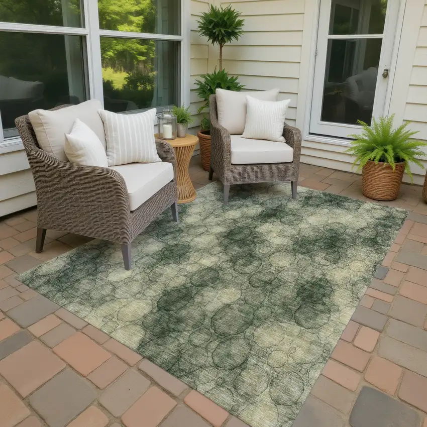 Artichoke Green And Wheat Abstract Washable Indoor Outdoor Area Rug Photo 4