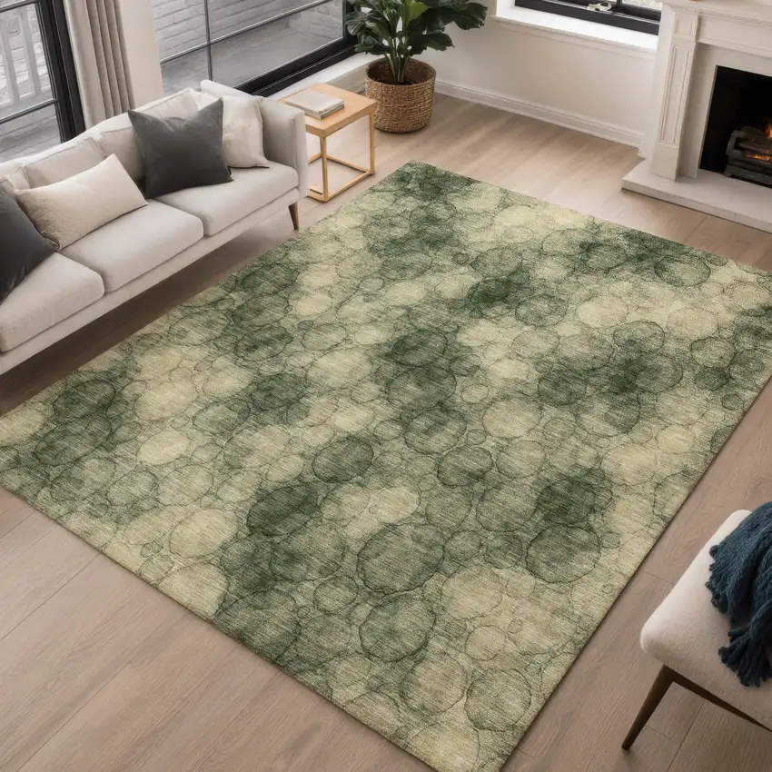 Artichoke Green And Wheat Abstract Washable Indoor Outdoor Area Rug Photo 5
