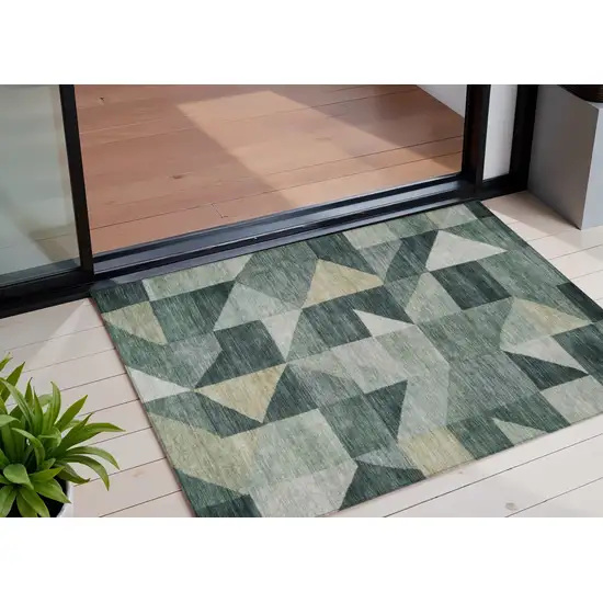 Artichoke Green And Wheat Geometric Washable Indoor Outdoor Area Rug Photo 1