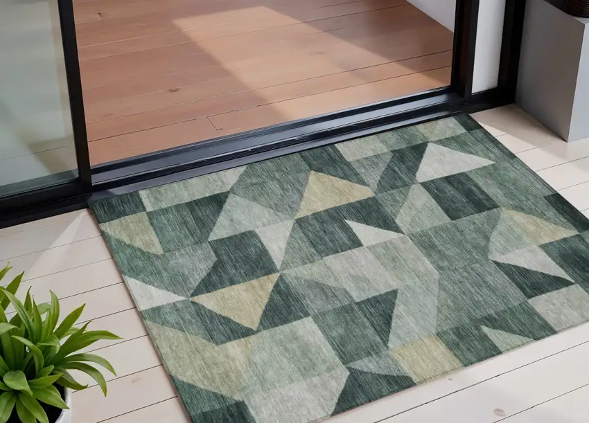 Artichoke Green And Wheat Geometric Washable Indoor Outdoor Area Rug Photo 1