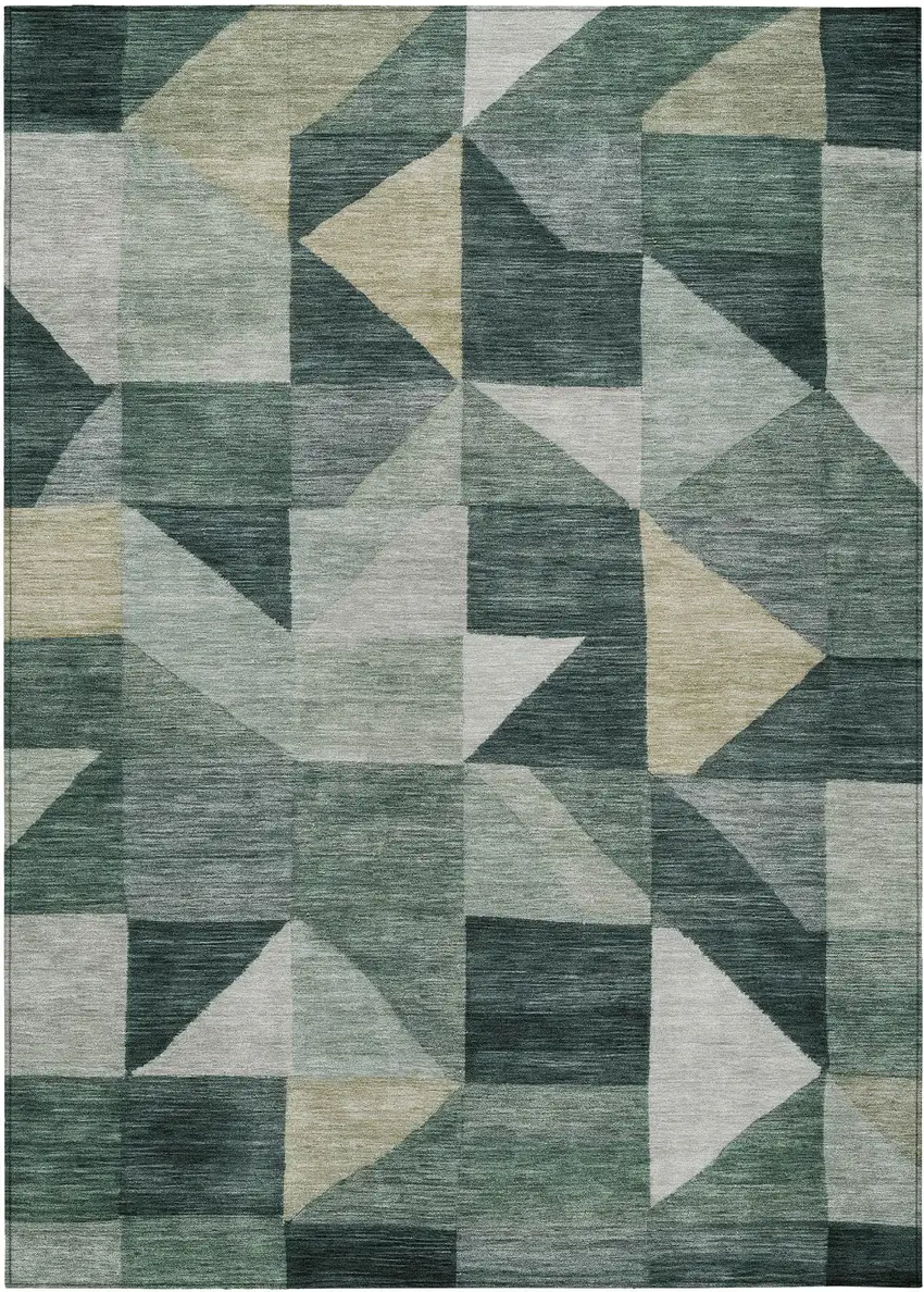 Artichoke Green And Wheat Geometric Washable Indoor Outdoor Area Rug Photo 1