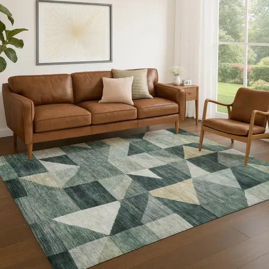 Artichoke Green And Wheat Geometric Washable Indoor Outdoor Area Rug Photo 5