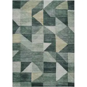 Photo of Artichoke Green And Wheat Geometric Washable Indoor Outdoor Area Rug