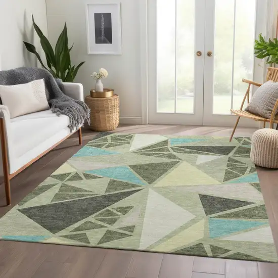 Artichoke Green Aqua And Ivory Geometric Washable Area Rug With UV Protection Photo 4