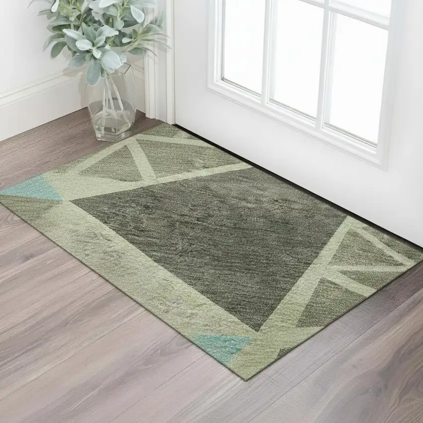 Artichoke Green Aqua And Ivory Geometric Washable Area Rug With UV Protection Photo 2