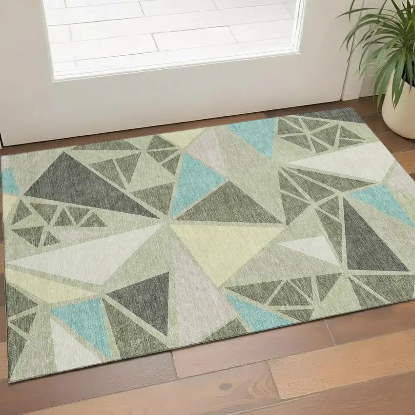 Artichoke Green Aqua And Ivory Geometric Washable Area Rug With UV Protection Photo 1