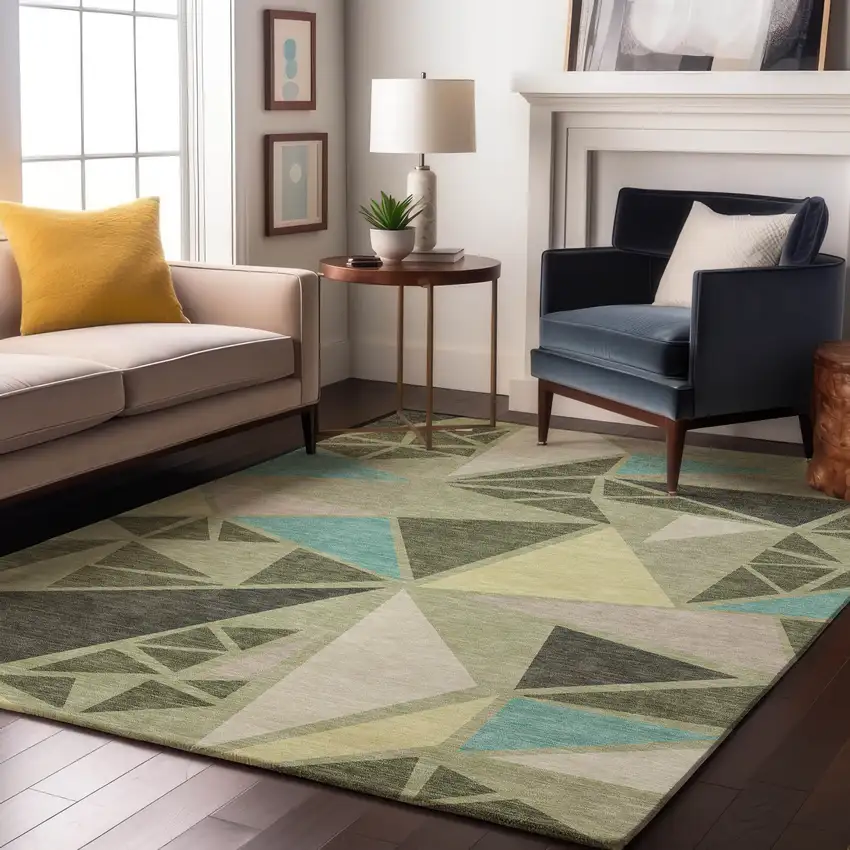 Artichoke Green Aqua And Ivory Geometric Washable Area Rug With UV Protection Photo 2