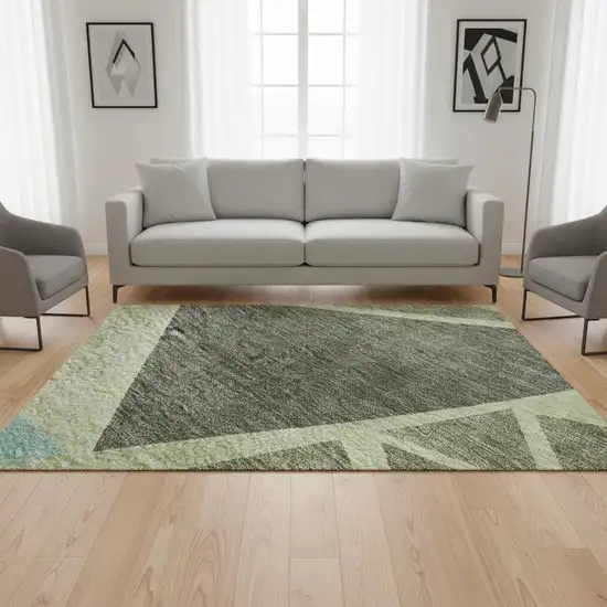 Artichoke Green Aqua And Ivory Geometric Washable Area Rug With UV Protection Photo 2